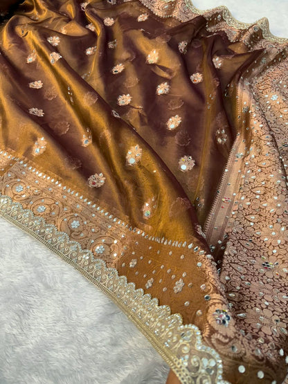 Premium Copper Banarasi Mirror Floral Tissue Saree