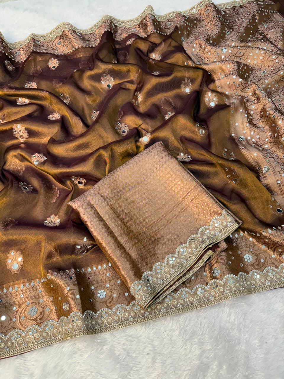 Premium Copper Banarasi Mirror Floral Tissue Saree