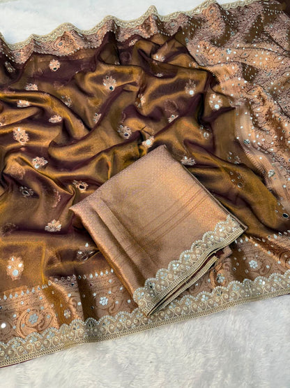 Premium Copper Banarasi Mirror Floral Tissue Saree