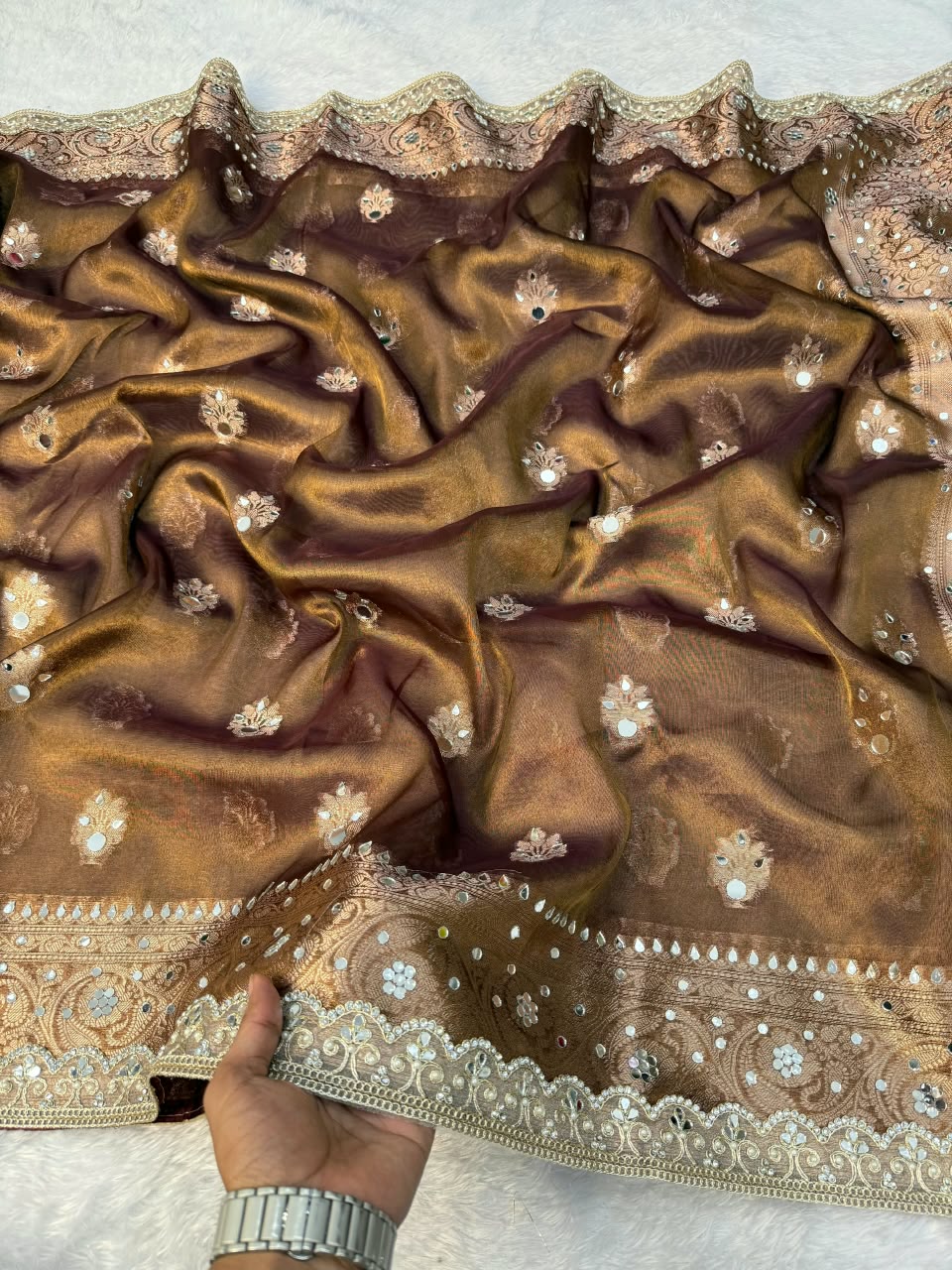 Premium Copper Banarasi Mirror Floral Tissue Saree
