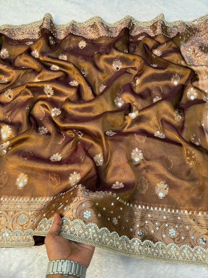Premium Copper Banarasi Mirror Floral Tissue Saree