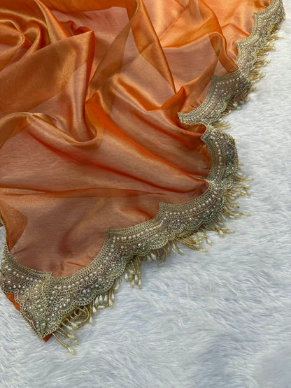 Elegant Scalloped Border Tissue Saree