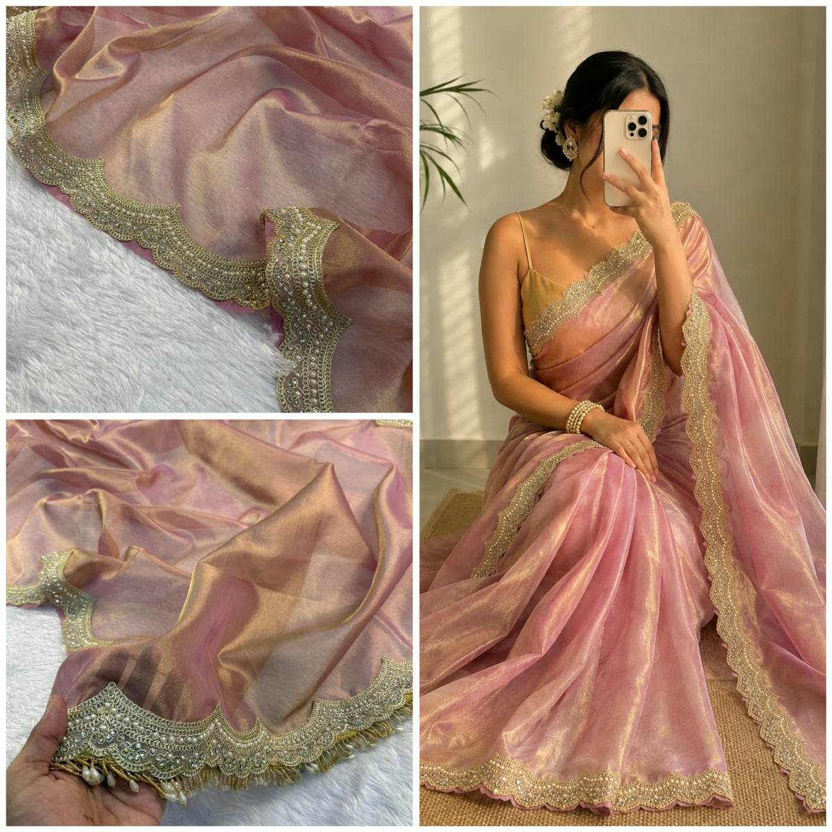 Pink mauve tissue saree with scalloped gold embroidered border, draped on model