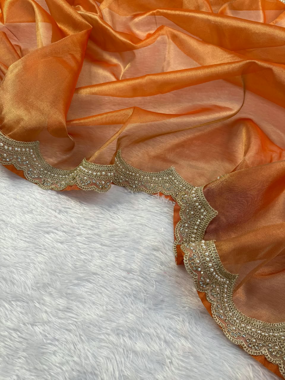 Elegant Scalloped Border Tissue Saree