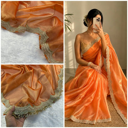 Elegant Scalloped Border Tissue Saree