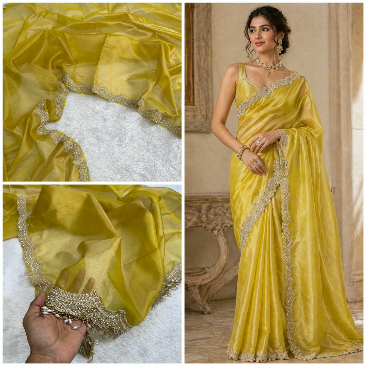 Elegant Scalloped Border Tissue Saree