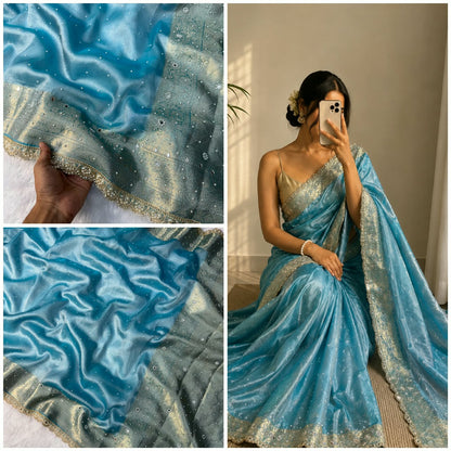 Hot Sky Blue Tissue Saree