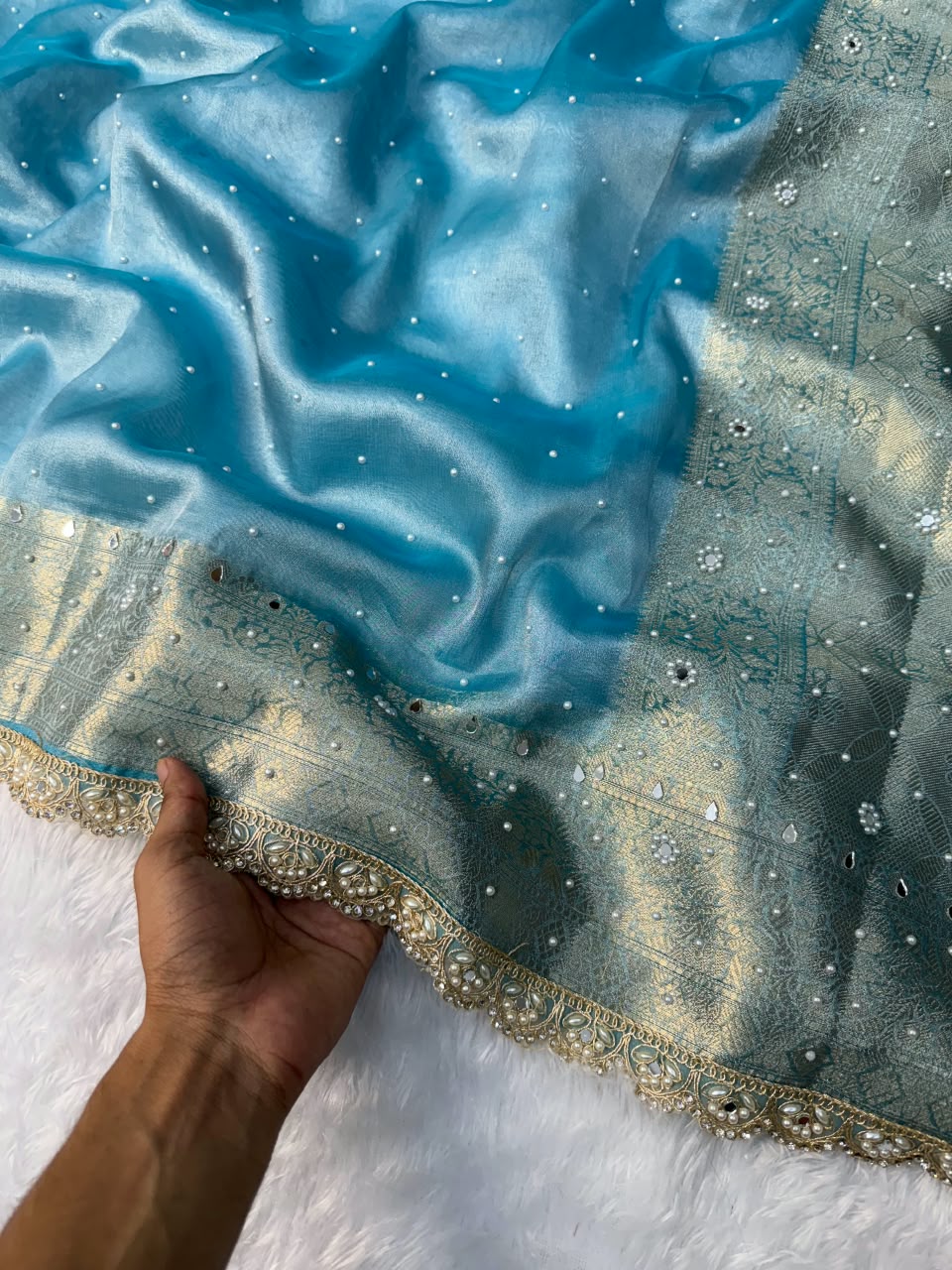 Hot Sky Blue Tissue Saree