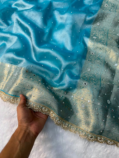 Hot Sky Blue Tissue Saree