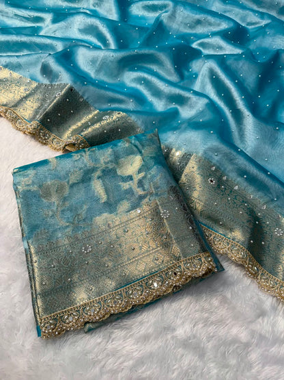 Hot Sky Blue Tissue Saree