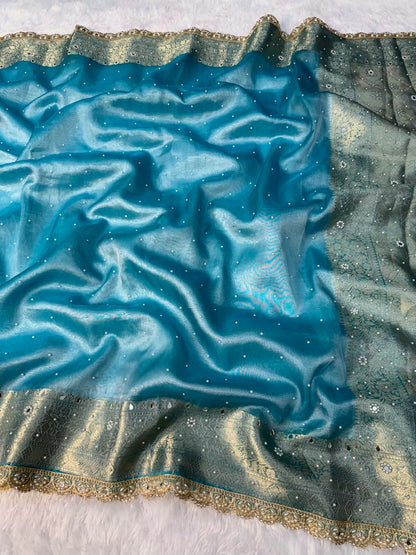 Hot Sky Blue Tissue Saree