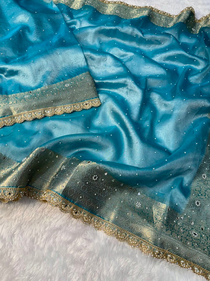 Hot Sky Blue Tissue Saree
