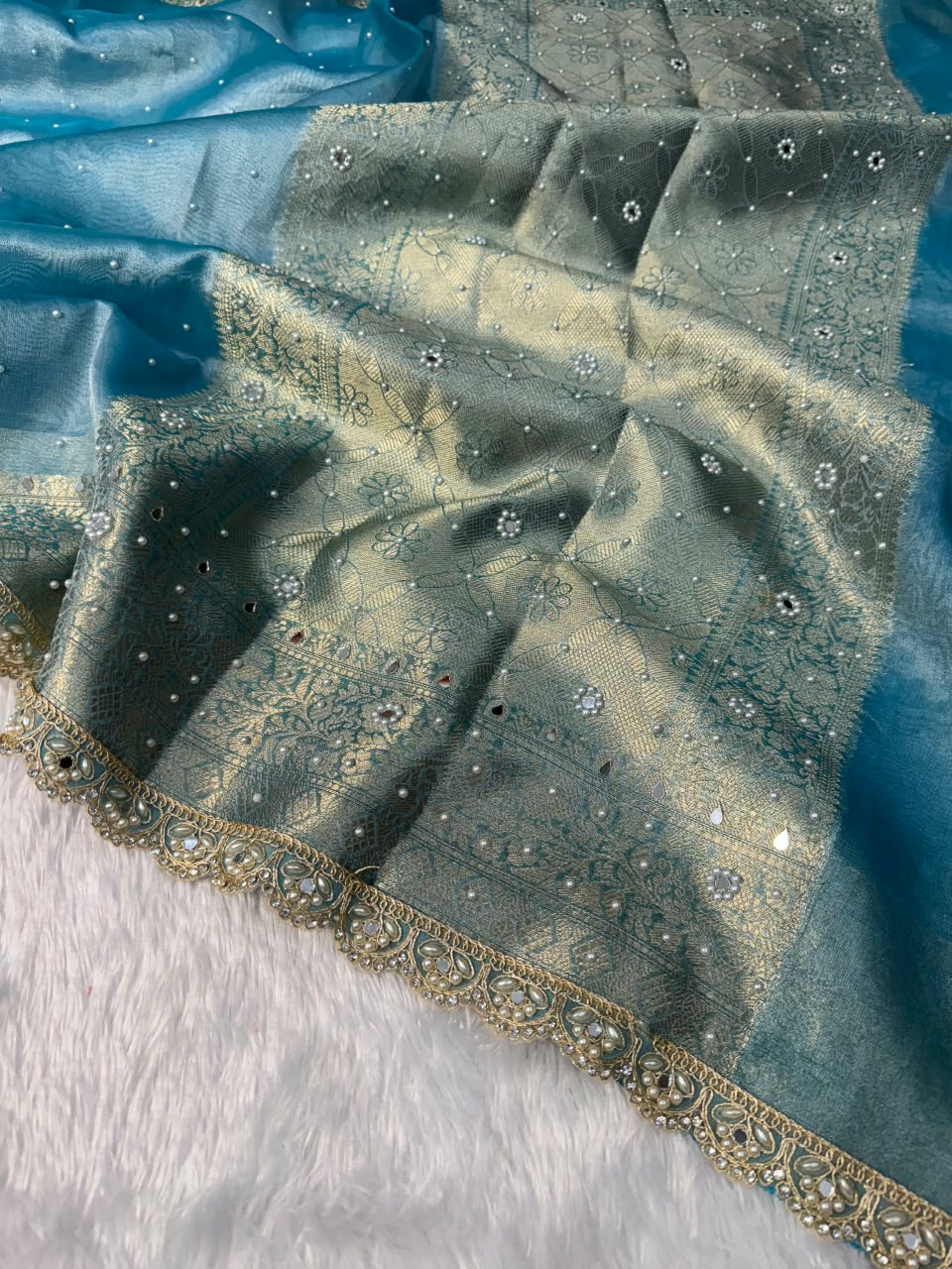 Hot Sky Blue Tissue Saree