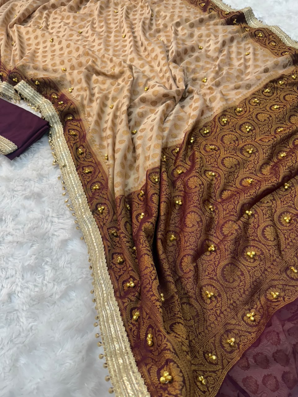 Champagne Beige Viral Ghungroo Georgette Saree