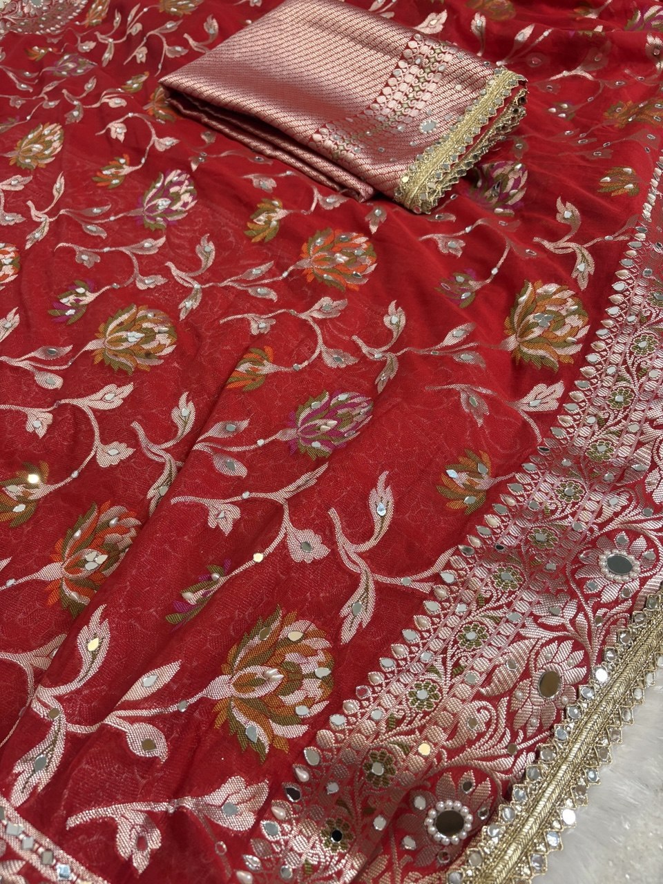 Premium Stone & Mirror Work Tissue Saree