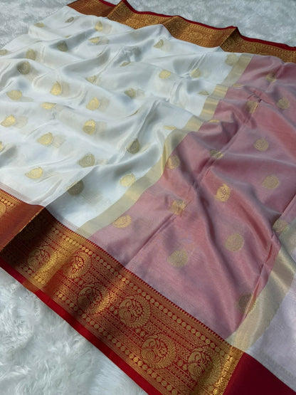 White tapeta saree with gold dot motifs, pink panel, and wide red-gold border