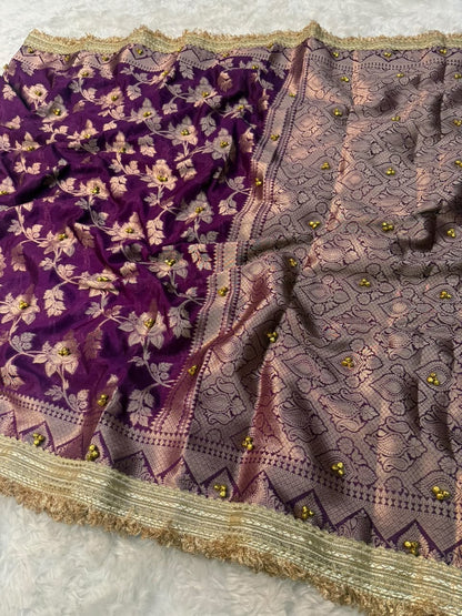 Purple silk saree with floral embroidery and gray brocade panel with gold-trim edge