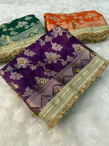 Warm silk gungroo saree in purple with gold floral detailing and gold border trim.