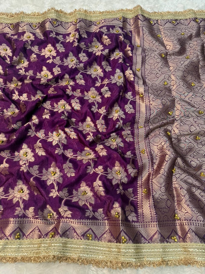 Purple silk saree with gold floral embroidery, decorative border and embellished pallu