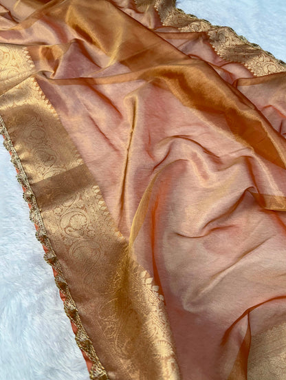 Alia Bhatt Inspired Peach-Gold Tissue Saree