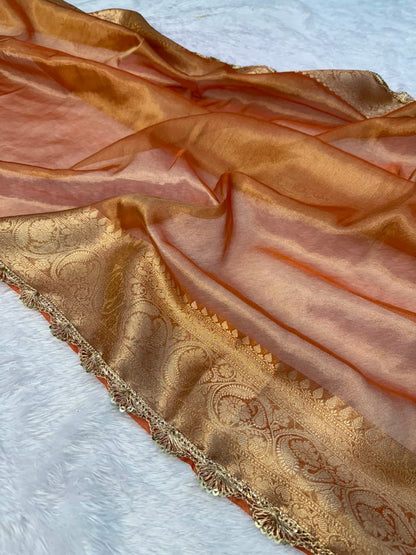 Alia Bhatt Inspired Peach-Gold Tissue Saree