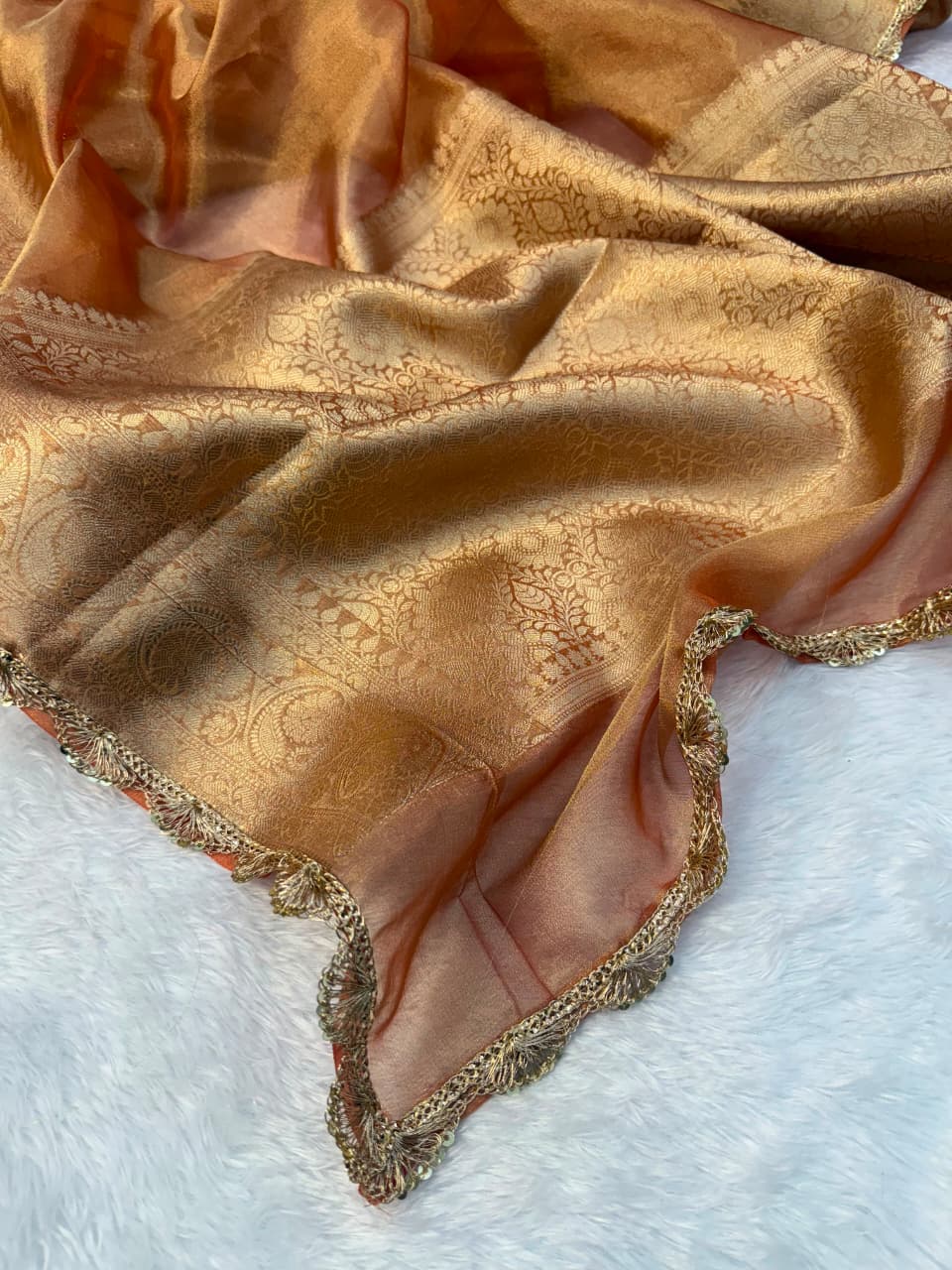 Alia Bhatt Inspired Peach-Gold Tissue Saree