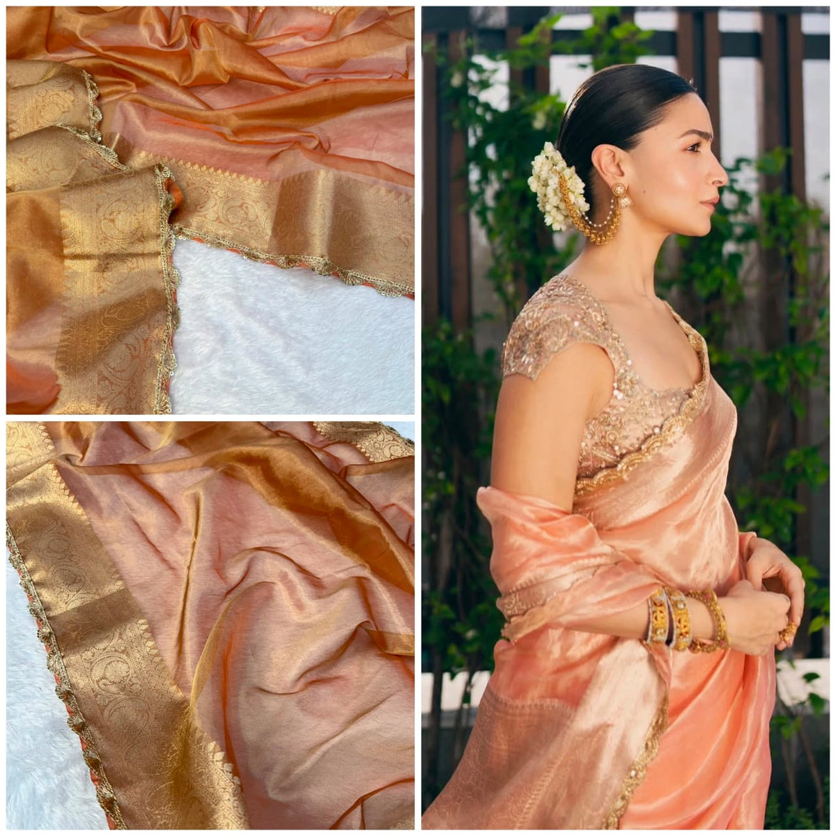Alia Bhatt Inspired Peach-Gold Tissue Saree