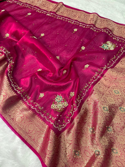 Premium Banarasi Floral Handwork Tissue Saree