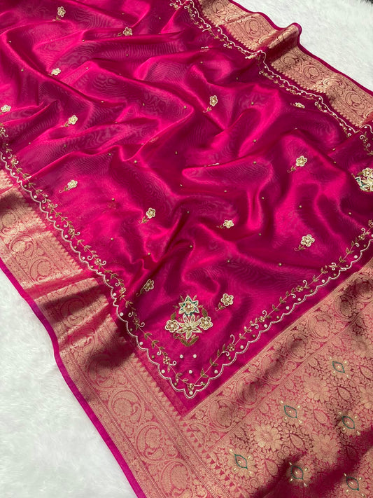 Premium Banarasi Floral Handwork Tissue Saree
