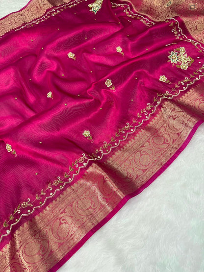 Premium Banarasi Floral Handwork Tissue Saree