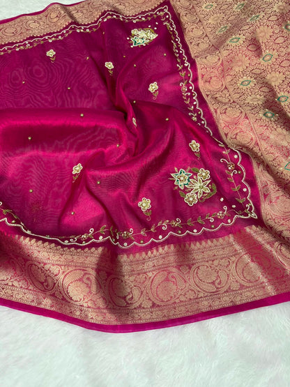 Premium Banarasi Floral Handwork Tissue Saree