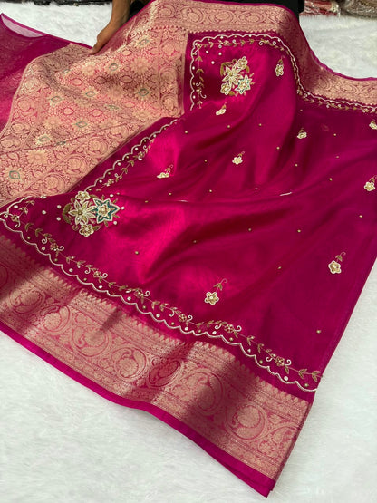 Premium Banarasi Floral Handwork Tissue Saree