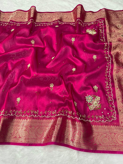 Premium Banarasi Floral Handwork Tissue Saree