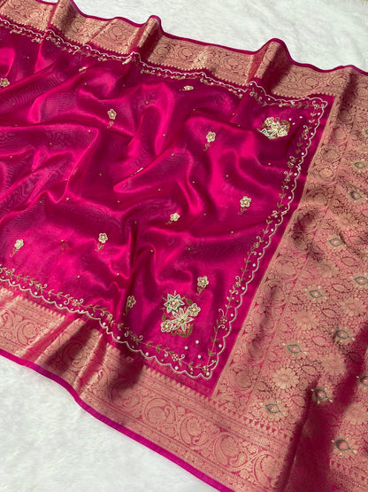 Premium Banarasi Floral Handwork Tissue Saree
