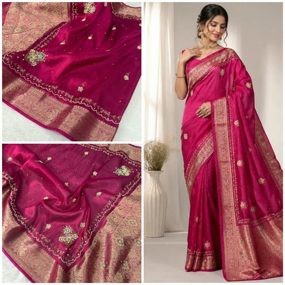 Premium Banarasi Floral Handwork Tissue Saree