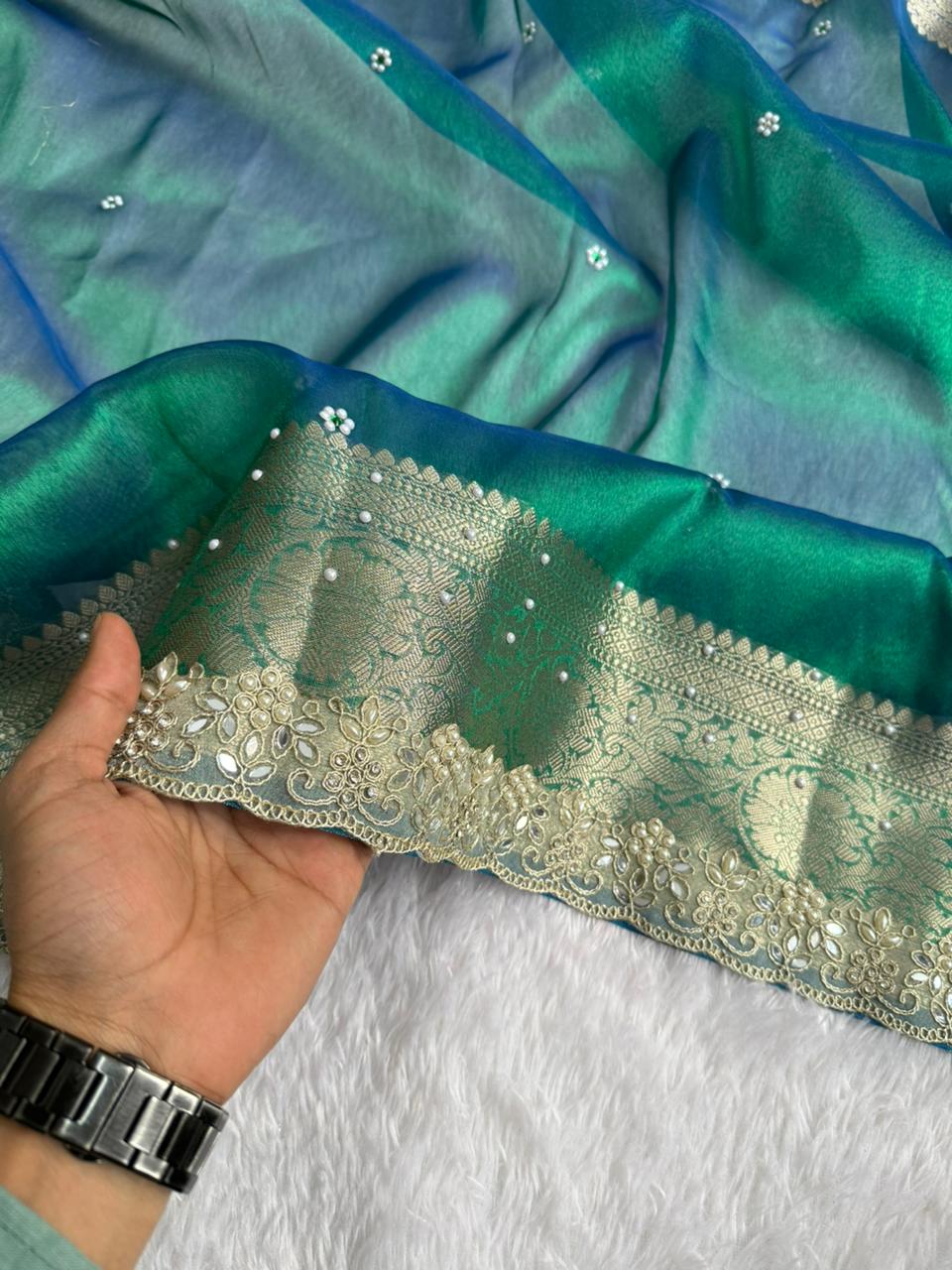 Peacock Blue Maharani Tissue Saree