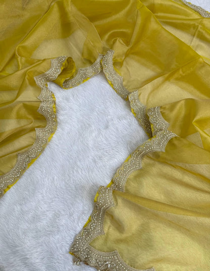 Elegant Scalloped Border Tissue Saree