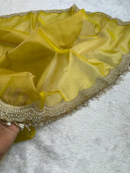 Elegant Scalloped Border Tissue Saree