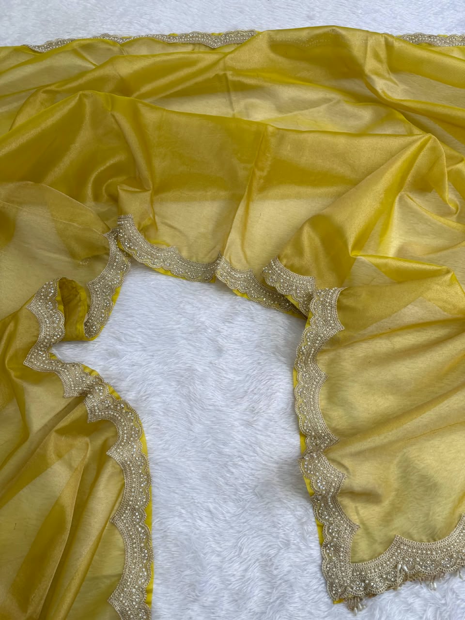 Elegant Scalloped Border Tissue Saree