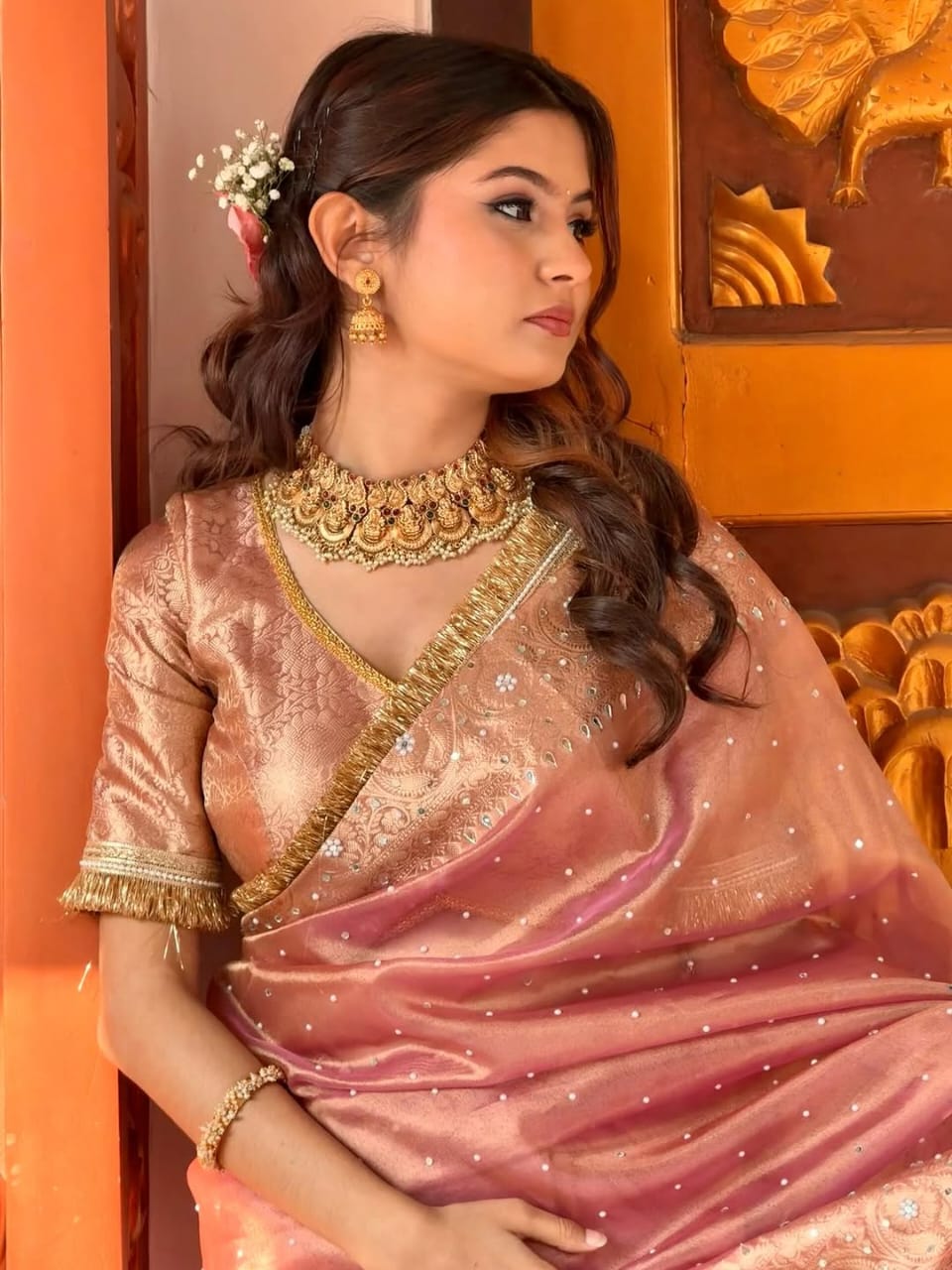 Blush Pink Premium Tissue Saree