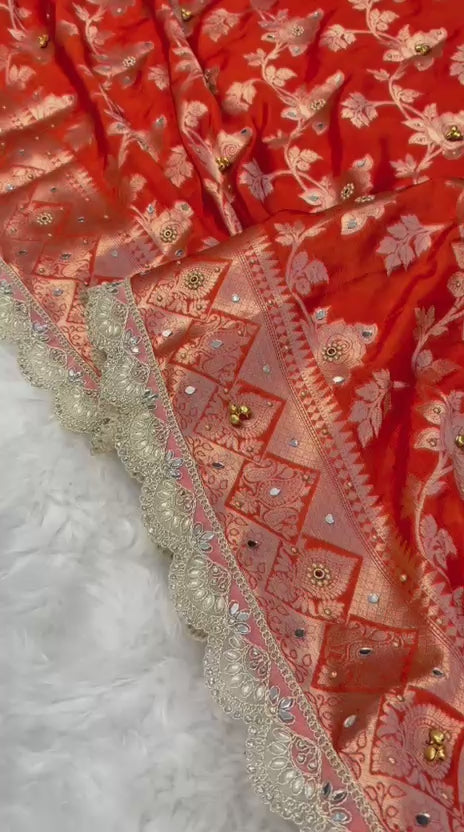 Coral Color Designer Warm Silk Gungroo Saree