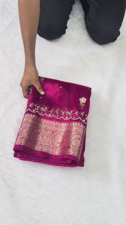 Premium Banarasi Floral Handwork Tissue Saree