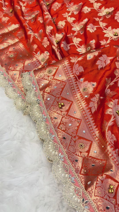 Coral Color Designer Warm Silk Ghungroo Saree