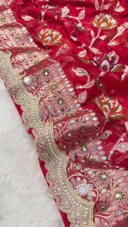 Deep Red Premium Georgette Mirror And Stone work Saree